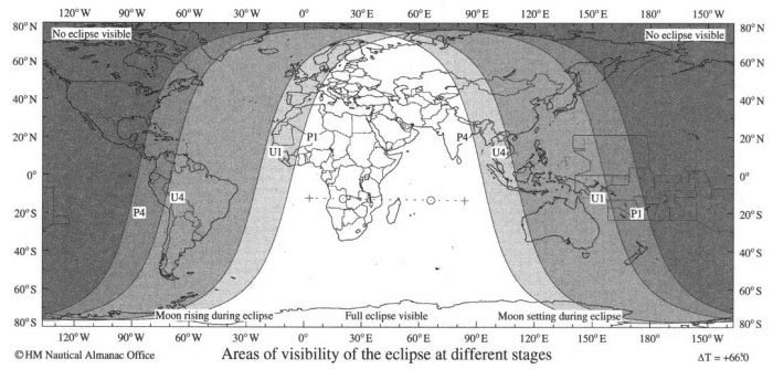 Область видимості на різних стадіях затемнення 16 серпня 2008 р.